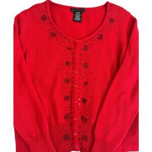 Apostrophe Red Cardigan Sweater Women’s XL Beaded Embellished Button Front